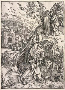 Pyhän Johanneksen ilmestys: Enkeli pohjattoman kaivon avaimella, 1511. tekijältä Albrecht Dürer