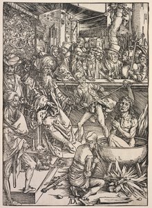 Pyhän Johanneksen ilmestys: Pyhän Johanneksen marttyyrikuolema, 1511. tekijältä Albrecht Dürer