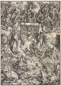 Pyhän Johanneksen ilmestys: Seitsemän enkeliä trumpetteilla, 1511. tekijältä Albrecht Dürer