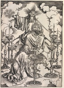 Pyhän Johanneksen ilmestys: Pyhä Johannes katsomassa seitsemää kynttilänjalkaa, 1511. tekijältä Albrecht Dürer