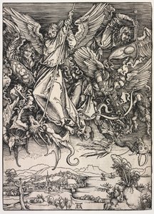 Pyhän Johanneksen ilmestys: Pyhä Mikael taistelee lohikäärmettä vastaan, 1511. tekijältä Albrecht Dürer