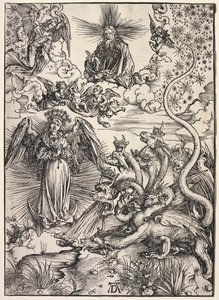 Pyhän Johanneksen ilmestys: Aurinkoon pukeutunut nainen tekijältä Albrecht Dürer