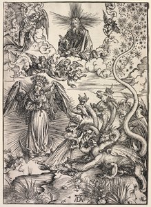 Pyhän Johanneksen ilmestys: Aurinkoon pukeutunut nainen, 1511. tekijältä Albrecht Dürer
