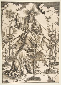 Pyhä Johannes katselee seitsemää kultaista kynttilänjalkaa, The Apocalypse.n.d. tekijältä Albrecht Dürer