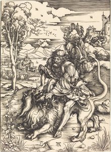Simson taistelee leijonan kanssa tekijältä Albrecht Dürer