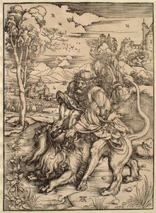 Simson taistelee leijonan kanssa tekijältä Albrecht Dürer