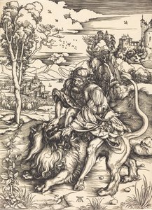 Simson taistelee leijonan kanssa, n. 14971498. tekijältä Albrecht Dürer