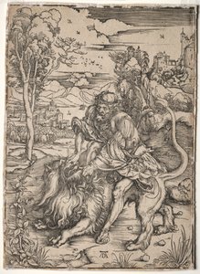 Simson tappaa leijonan, n. 1496-1497. tekijältä Albrecht Dürer