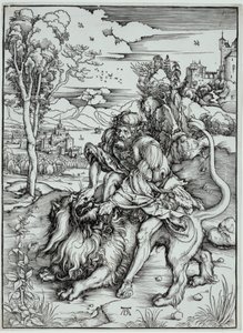 Simson surmaamassa leijonaa tekijältä Albrecht Dürer