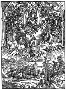 Kohtaus Apokalypsista, Pyhä Johannes Isän Jumala ja kaksikymmentäneljä vanhinta, 1498, 1936. tekijältä Albrecht Dürer