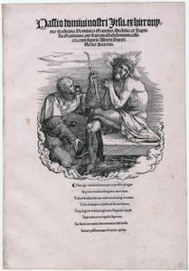 ”Schmerzensmann ja Landsknecht”, sivu 1 [otsikkosivu] sarjasta ”Die Grosse Passion” tekijältä Albrecht Dürer