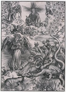 Auringon nainen ja seitsenpäinen lohikäärme, IX. kuva, sarjan ”Apokalypsi” 11. arkki tekijältä Albrecht Dürer