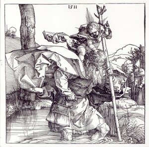 Pyhä Kristofer kantamassa Kristus-lapsea, 1511 (puupiirros) (bw kuva) tekijältä Albrecht Dürer