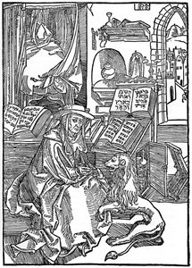 Pyhä Hieronymus työhuoneessaan vetää piikkia leijonan tassusta, 1492, 1936 tekijältä Albrecht Dürer
