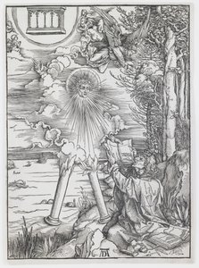 Pyhä Johannes syö kirjan, teoksesta "The Apocalypse" tekijältä Albrecht Dürer