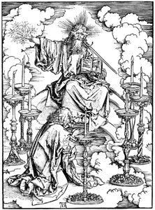 Pyhän Johanneksen visio Kristuksesta ja seitsemän kynttilänjalkaa Apokalypsista, n. 1497 tekijältä Albrecht Dürer