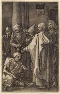 Pyhä Pietari ja pyhä Johannes parantavat ramman (#16 Kaiverretusta passiosta) tekijältä Albrecht Dürer