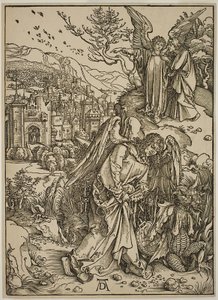 Enkeli näyttää Pyhää Johannes Uutta Jerusalemia tekijältä Albrecht Dürer
