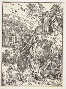 Enkeli näyttää Pyhää Johannes Uutta Jerusalemia tekijältä Albrecht Dürer