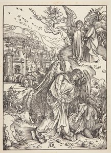Enkeli näyttää Pyhää Johannes Uutta Jerusalemia tekijältä Albrecht Dürer