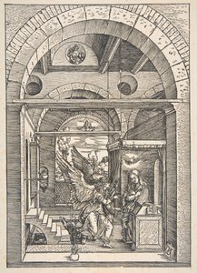 Anunciation, teoksesta The Life of the Virgin, latinalainen painos, 1511.n.d. tekijältä Albrecht Dürer