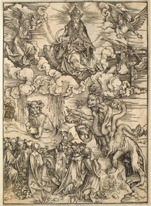 Ilmestyskirja: Peto, jolla on kaksi sarvea kuin karitsalla tekijältä Albrecht Dürer