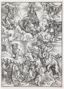 Peto, jolla on kaksi sarvea kuin lammas, sarjasta "The Apocalypse" tekijältä Albrecht Dürer