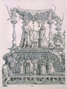 Burgundialainen avioliitto tai Saksan keisari Maximilian I:n (1459-1519) voittokulkue, jossa näytetään Maximilianuksen ja Burgundin Marian (1458-82) häävaunut, pub. 1526 (yksityiskohta tekijältä Albrecht Dürer
