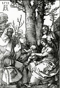 Pyhä perhe Pyhän Annan ja Pyhän Joakimin kanssa, 1511 (puupiirros) tekijältä Albrecht Dürer