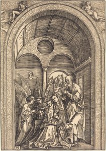 Pyhä perhe kahden enkelin kanssa holvihallissa tekijältä Albrecht Dürer