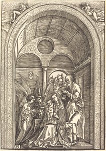 Pyhä perhe kahden enkelin kanssa holvihallissa tekijältä Albrecht Dürer