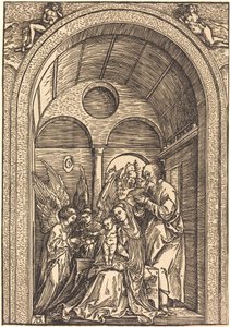 Pyhä perhe kahden enkelin kanssa holvihallissa tekijältä Albrecht Dürer