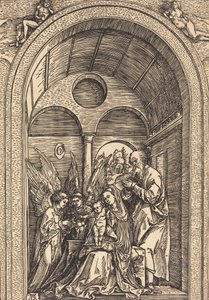 Pyhä perhe kahden enkelin kanssa holvihallissa, n. 1504. tekijältä Albrecht Dürer