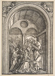 Pyhä perhe kahden enkelin kanssa holvihallissa, n. 1503. tekijältä Albrecht Dürer