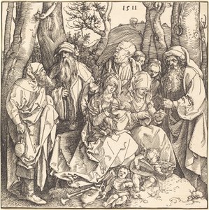 Pyhä perhe ja kaksi musiikkia tekevää enkeliä tekijältä Albrecht Dürer