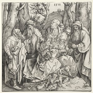 Pyhä perhe ja kaksi muusikkoenkeliä tekijältä Albrecht Dürer