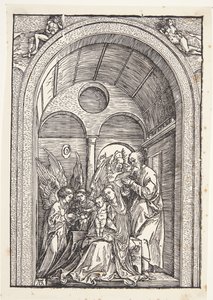 Pyhä perhe kahden enkelin kanssa holvihallissa tekijältä Albrecht Dürer