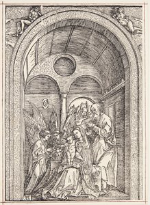 Pyhä perhe kahden enkelin kanssa holvihallissa tekijältä Albrecht Dürer