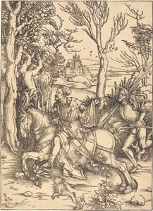 Ritari hevosen selässä ja Lansquenet tekijältä Albrecht Dürer