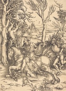 Ritari hevosen selässä ja Lansquenet, n. 14961497. tekijältä Albrecht Dürer