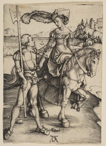 Lady on Horseback ja Lansquenet, n. 1497. tekijältä Albrecht Dürer