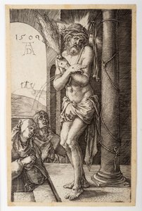 Surun mies sarakkeen vieressä Neitsyen ja Pyhän Johanneksen kanssa, kaiverretusta intohimosta tekijältä Albrecht Dürer