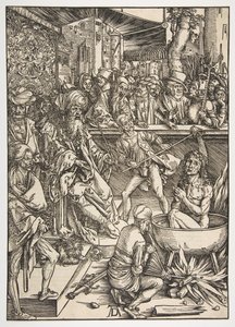 Pyhän Johanneksen marttyyrikuolema, The Apocalypse, latinalainen painos 1511, n. 1496. tekijältä Albrecht Dürer