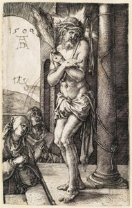 Kärsimyshistoria: Surujen mies seisomassa pylvään vieressä tekijältä Albrecht Dürer