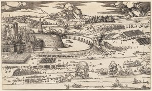 Linnoituksen piiritys (vain vasen puoli, 2 laatasta) tekijältä Albrecht Dürer