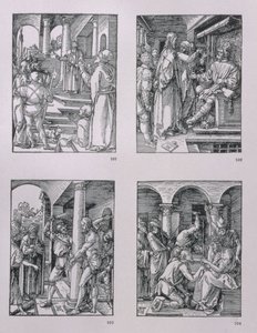 Pieni Passion -sarja (myötäpäivään): Kristus Pilatuksen edessä; Kristus Herodeksen edessä; Liputus; Orjantappuroilla kruunaus, pubi. 1511 tekijältä Albrecht Dürer