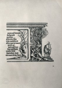 Saksan keisari Maximilianus I:n riemukaari 1459-1519: yksityiskohta hirvennahasta, jossa on keisarin sukulaisuussuhteita ylistävä kaiverrus, sekä luppakorvainen vuohi, joka on terävyyden symboli. tekijältä Albrecht Dürer