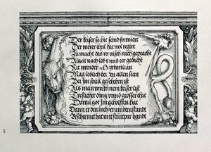 Saksan keisari Maximilian I:n riemukaari 1459-1519: yksityiskohta koristeesta, jossa on leijonannahka, jossa on keisarin sukulaisuussuhteita ylistävä kaiverrus, pub. 151718 puupiirros tekijältä Albrecht Dürer