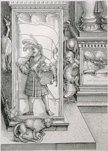 Saksan keisari Maximilian I:n riemukaari 1459-1519: yksityiskohta portaalin pylväsjalustasta, jossa on veistetty reliefi mieshahmosta, joka kantaa vaakunaa ja kruunattua vaakunaa, pub. 151718 puukuvio tekijältä Albrecht Dürer
