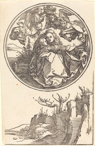 Kahden enkelin kruunattu neitsyt maiseman yläpuolella tekijältä Albrecht Dürer